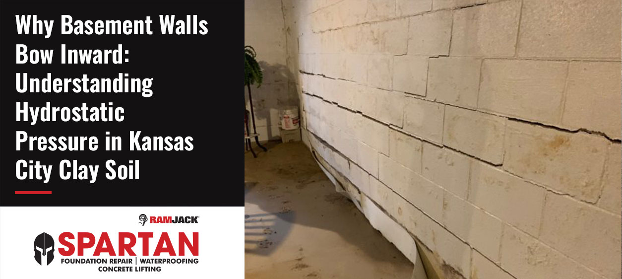Bowing basement wall in a Kansas City home showing long horizontal cracks and inward movement caused by hydrostatic pressure from saturated clay soil.