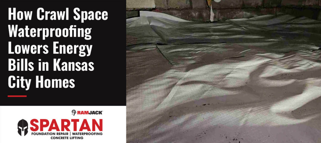 Encapsulated crawl space beneath a Kansas City home featuring a heavy-duty white vapor barrier installed across the floor to help control moisture, improve energy efficiency, and protect the foundation.