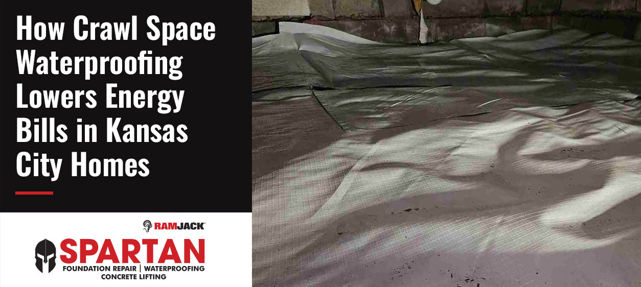 Encapsulated crawl space beneath a Kansas City home featuring a heavy-duty white vapor barrier installed across the floor to help control moisture, improve energy efficiency, and protect the foundation.