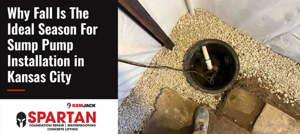 Technician installing a sump pump system in a basement crawl space in Kansas City, with a sump basin, discharge pipe, and gravel drainage bed designed to help protect the home from water intrusion and flooding.