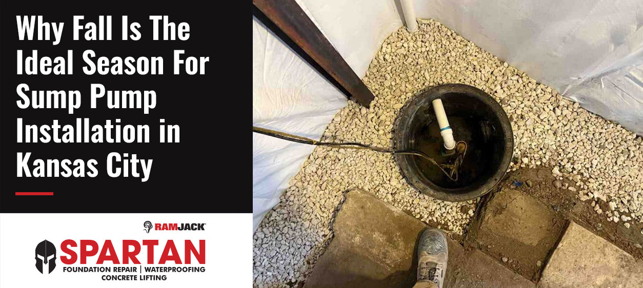 Technician installing a sump pump system in a basement crawl space in Kansas City, with a sump basin, discharge pipe, and gravel drainage bed designed to help protect the home from water intrusion and flooding.