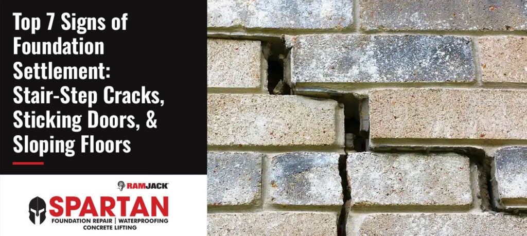 Stair-step cracking and separation in an exterior brick wall, a common sign of foundation settlement and differential foundation movement.