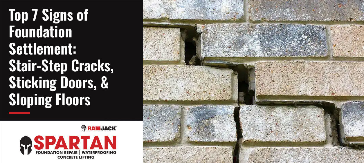 Stair-step cracking and separation in an exterior brick wall, a common sign of foundation settlement and differential foundation movement.
